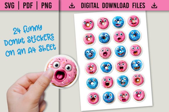 Funny Donut Stickers, A4 Size, SVG, PDF